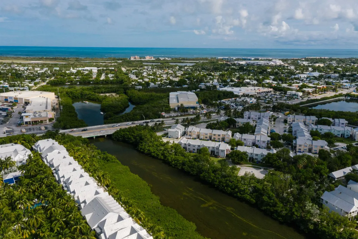 Aerial view of a Florida neighborhood beside a mangrove-lined canal