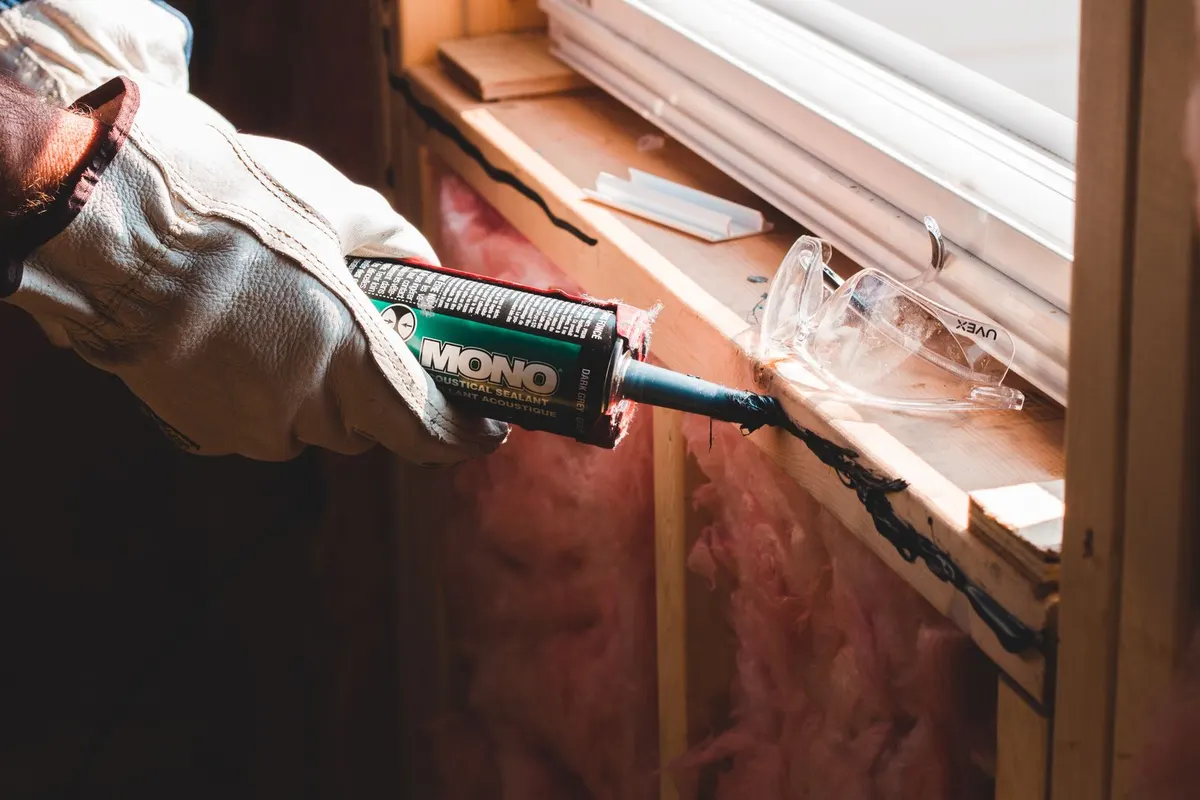 Gloved hand running a bead of sealant along a window frame