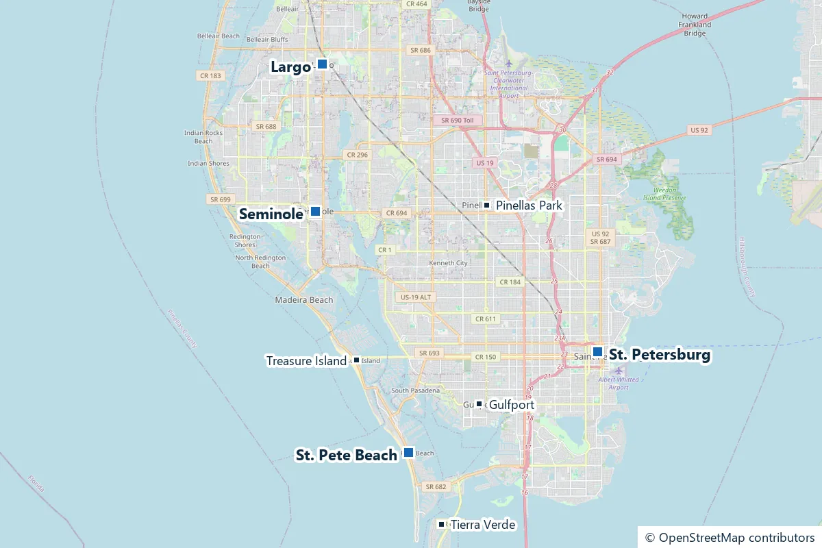 Map of south Pinellas County marking St. Petersburg, Largo, Seminole and St. Pete Beach